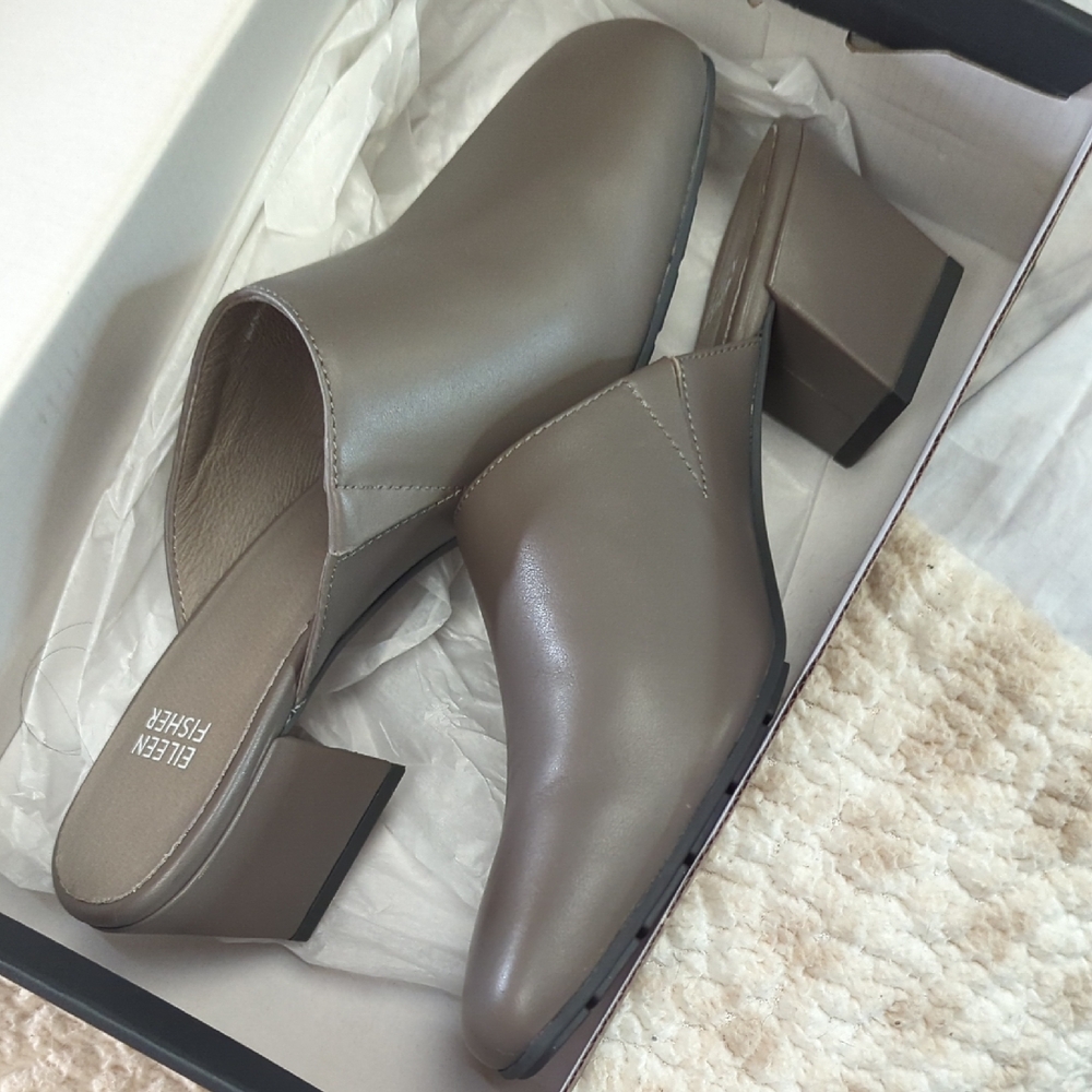 Eileen Fisher Women's Brownish Grey Block Heel Mules- Moon Nappa